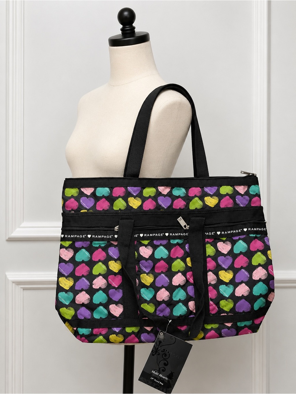 NWT Rampage Black Tote with Multicolor Heart Print